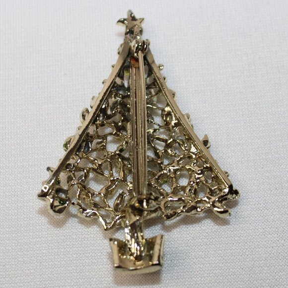 Vintage Gold Tone Christmas Tree with Red and Clear Rhinestones - Picture 3 of 10